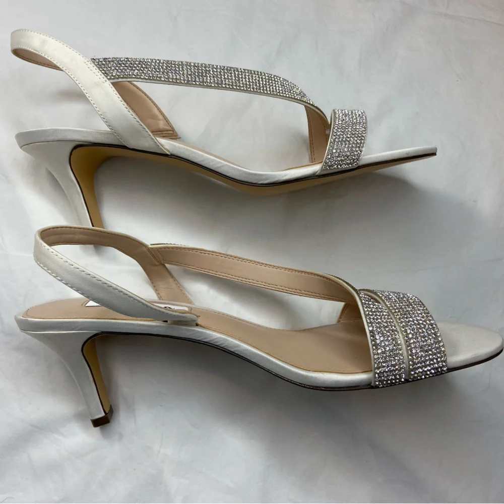 Nina New Rhinestone Satin Strappy Slingback Sandal Pumps Silver & White size 10‎